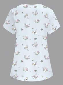 PopScrub Women's White Summer Scrub Top,Cute Rabbit Cartoon Print V-Neck Short Sleeve Nurse Doctor Uniform,Maid School Work Veterinary Grooming Lab Coat - White - View 2