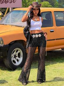 Muchica Black Knit Women's Shiny Print Flare Pants - Black - View 3