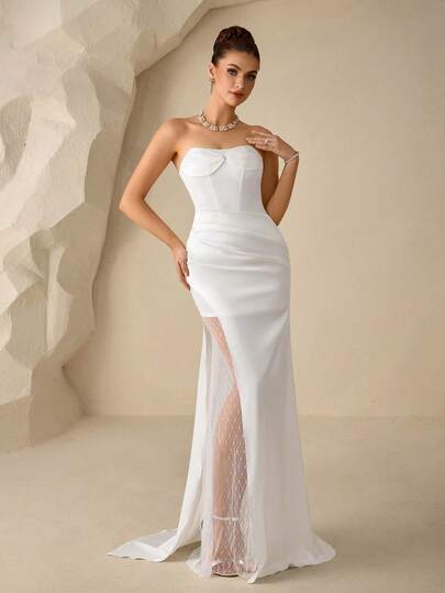 Coutiva Elegant Party Solid Color Strapless Mesh Patchwork Wedding Dress