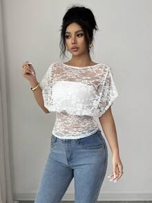 Selianne Elegant,Date,White Floral White Off-Shoulder Lantern Sleeve Lace Crop Top,Summer Vacation Urban Chic Top For Daily Wear,Wedding,Formal,Party,Holiday - White - View 3