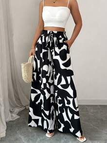 Breezaya 度假休闲印花阔腿裤 - 黑色 - 查看 3