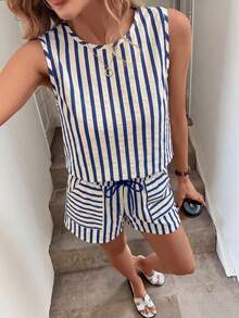 Easowa 女士休闲条纹无袖上衣和裤子两件套，夏季女装两件套，无袖两件套，条纹短裤套装，休闲短裤套装，邮轮度假装，女士工作装 - 藍色 - 查看 8
