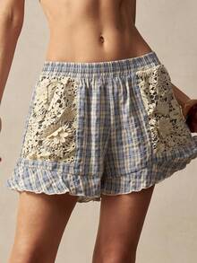 Bohemela Women's Beige Summer Boho Vacation Holiday Woven Shorts,Vintage Blue Plaid Patchwork Textured Lace Roman-Style Ruffle Relaxed Fit Music Festival Wear - Blue - View 4
