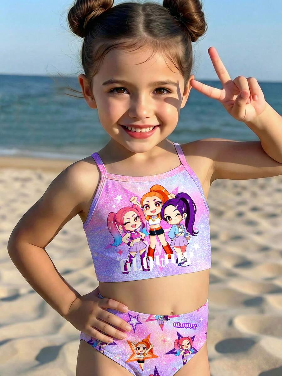 Fashionable Colorful K-POP Girl Group Letter & Star Print, Young Girls Casual Minimalist Fitted Camisole & Bikini Swimsuit Set, Suitable For Summer K-POP, Y2K - Multicolor - View 1