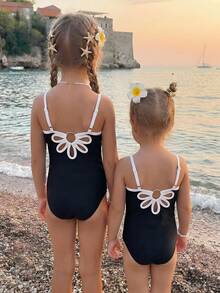 Emery Rose Kids Emery Rose Kids Young Girl Striped Bow Floral One-Piece Swimsuit - Apricot - View 6