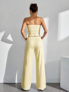 SHEIN PETITE Bộ đồ nữ gồm áo quây kẻ sọc và quần ống rộng thắt eo, kiểu dáng thường ngày. - Vàng nhạt - Xem 2