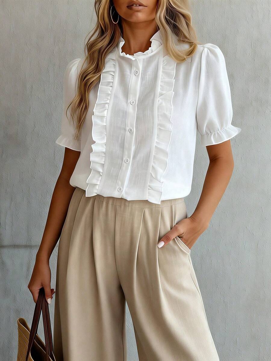 Louniche 女士纯色单排扣休闲百搭日常短袖衬衫 白色女式衬衫 优雅白色上衣 纽扣上衣 白色短袖上衣 露脐衬衫 居家办公穿搭 女士白色上衣 工作衬衫 工作服 女士上衣和衬衫 女士衬衫 优雅法式荷叶边衬衫 女士夏季衬衫 白色荷叶边衬衫 短袖衬衫 - 白色 - 查看 1