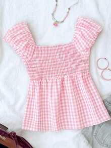 SHEIN Tween Girls' Casual Minimalist Comfortable Plaid Back Strap Shirt - Pink - View 2