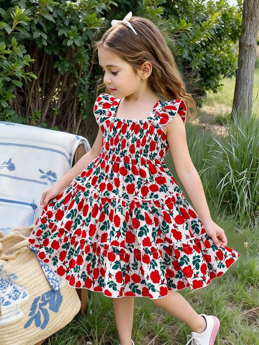 Elladie kids 女童春夏印花连衣裙,数码印花梭织面料,褶裥上身和褶皱裙摆,无袖收腰设计,适合年轻女孩穿着。优雅、可爱、休闲、时尚,适合日常、上学、度假、海滩、派对等场合。春夏童装,纯棉连衣裙,儿童休闲连衣裙,女童夏季连衣裙,童装,女童印花连衣裙。女童连衣裙,女童印花连衣裙。夏季服装。柔软舒适连衣裙。 - 紅色 - 查看 1