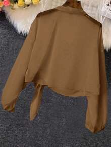 Linhara Plus Size Women Solid Color Lantern Sleeve Tie Waist Blouse - Brown - View 2