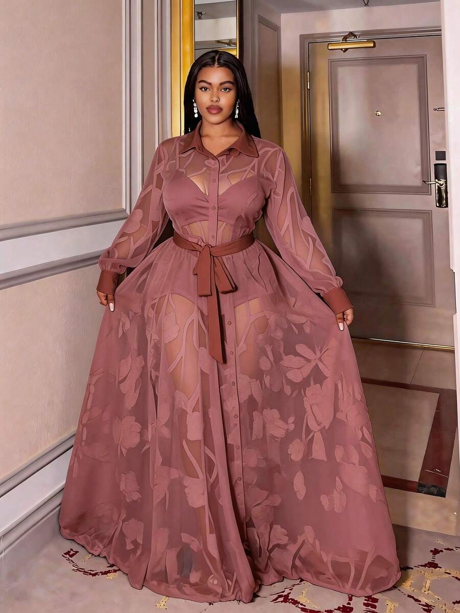Maweii Plus Size Women Mesh Patchwork Twist Waist Elegant Party Dress - Redwood - View 1