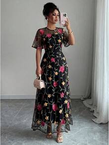 Elenzga 网纱刺绣花叶印花短袖优雅休闲拉链长连衣裙（女款） - 彩色 - 查看 1