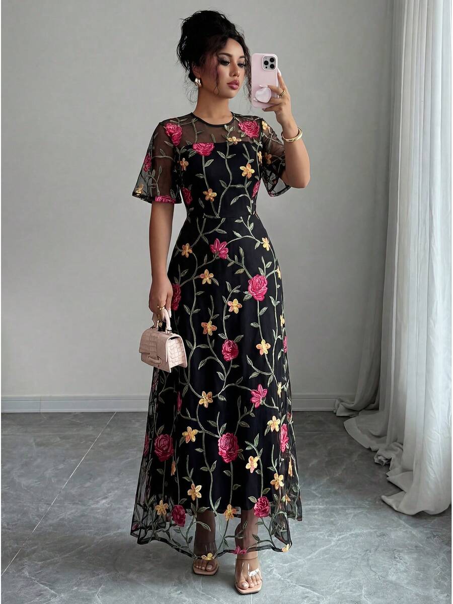 Elenzga 网纱刺绣花叶印花短袖优雅休闲拉链长连衣裙（女款） - 彩色 - 查看 1