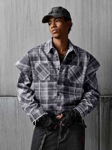 NEON BLANC Camisa casual de hombre de un solo pecho a cuadros, versátil para uso diario - Gris - Ver 7