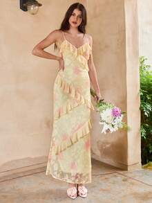 Enchnt Đầm hai dây Jacquard bất đối xứng với đường viền xếp nếp, phong cách nghỉ mát biển. - Màu vàng - Xem 5