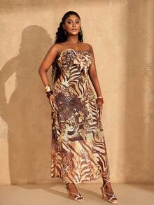 Lunelith SHEIN Lunessa 安卡拉度假豹纹无肩带修身中长连衣裙（女款） - 棕色 - 查看 1