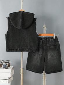 Conjunto de chaleco vaquero con capucha y pantalones cortos desgastados estilo cargo lavado para niño preadolescente - Negro - Ver 2