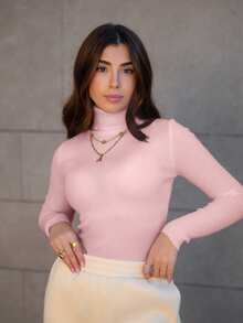 Hitanina Suéter de gola alta canelado sem gola, blusa de manga comprida em tricô para outono e inverno. - Baby Rosa - Ver 6