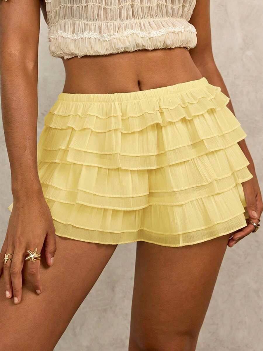 Swim Glamine Women's Solid Color Elastic Waist Ruffle Hem Romper Yellow Ruffle Shorts Ruffles Shorts Frilly Short Yellow Shorts For Women Skorts For Women Co Ord - Light Yellow - View 1