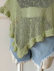 SHEIN EZwear 大码女式橄榄绿钩针编织披肩，荷叶边下摆，休闲半透明，适合外出和约会 - 橄欖綠 - 查看 6