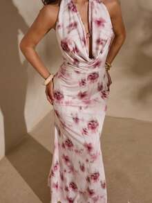 SHEIN Glamour Women's White And Pink Floral Backless Sleeveless Slim Maxi Dress,Bodycon Summer Casual Vacation Holiday Outfit For Beach,Wedding Party,Nightclub - Multicolor - View 4