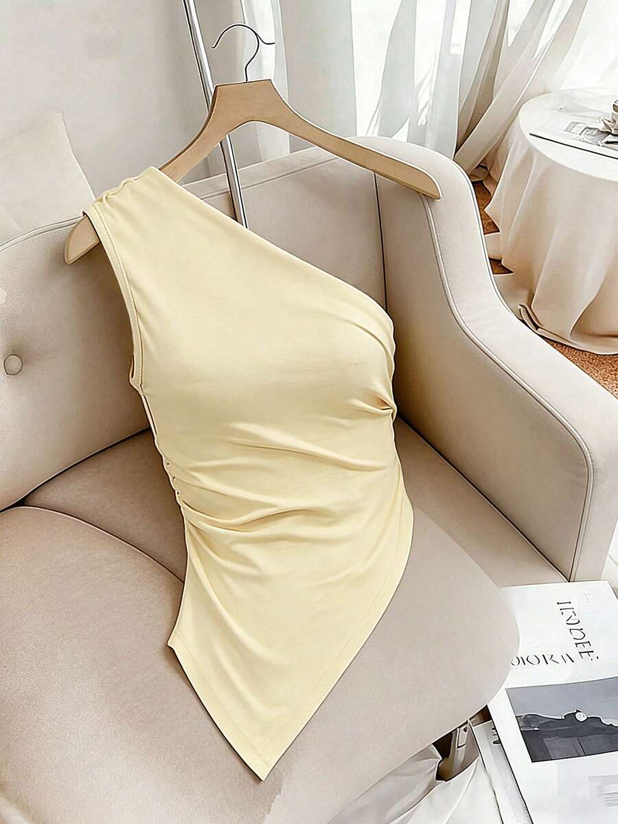 Resyla Áo hai dây lệch vai xếp ly kiểu Pháp thanh lịch, Áo ôm sát màu vàng kem, vạt áo bất đối xứng, Áo xếp ly cổ bất đối xứng màu vàng kem kiểu Baddie - Màu be - Xem 1