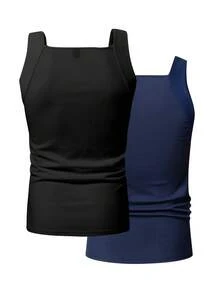 Manfinity Homme Plus Size Men's Solid Color Square Neck Slim Fit Pleated Casual Tank Top, Summer - Multicolor - View 2