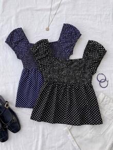 Bộ đồ nữ tuổi teen màu đen trắng, chấm bi xanh navy kiểu retro dáng chữ A với viền bèo nhún, phong cách thường ngày sinh viên. - Nhiều màu - Xem 2