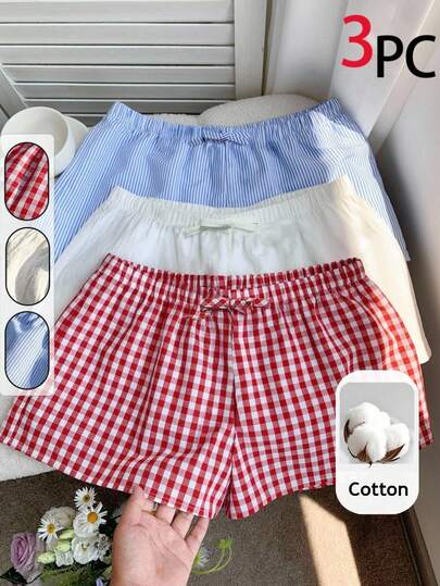 SHEIN Bộ 3 quần short dệt kẻ caro, sọc và màu trơn dành cho bé gái tuổi teen