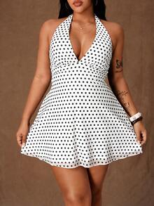 Rustia Đầm dự tiệc thời trang chấm bi buộc eo dành cho nữ cỡ lớn - trắng - Xem 6