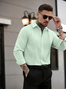 Manfinity Mode Camisa de manga larga blanca de corte slim con pliegues para negocios para hombres - verde menta - Ver 4