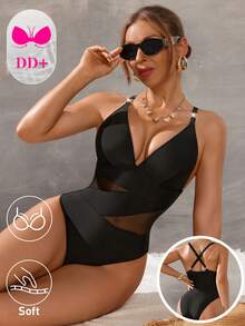 Swim DD+ Áo tắm nữ đi biển phối lưới - màu đen - Xem 3