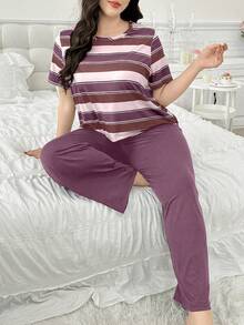 Contrast Color Striped Print Short Sleeve & Long Pants Plus Size Pajama Set - Mauve Purple - View 4