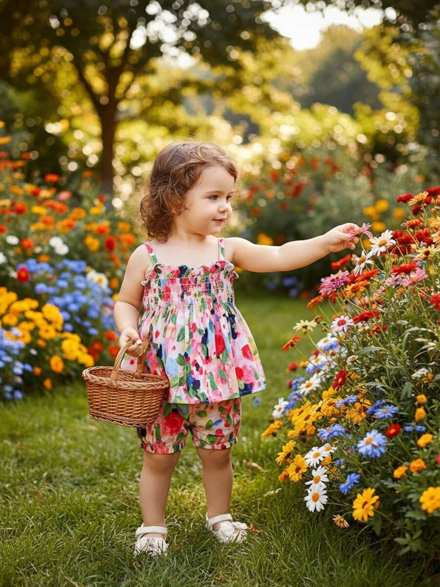 Baby Girl Cute Floral Print Holiday Style Cami Top And Shorts Set - Multicolor - View 1