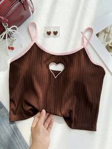 SHEIN EZwear Áo hai dây và áo tank top cỡ lớn màu nâu và hồng, họa tiết trái tim đan xen, thêu ren rỗng, thích hợp cho mùa xuân/hè, ngày Valentine. - màu nâu - Xem 4
