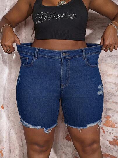 Slaydiva Plus Size Distressed Washed Slim Fit Denim Shorts Summer Carnival Costume Commuting Vacation Graduation Chic Y2k Cute Streetwear Coquette Party Wedding Elegant Business Casual Woman Business Beach Graduation Easter Women Plus Size Dark Wash Denim Shorts High Waisted Frayed Hem Distressed Jean Shorts Biker Style Ladies Plus Size Mid Rise Dark Wash Denim Bermuda Shorts With Distressed Patches And Frayed Cuffs Fringe Hem Denim Shorts
