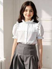 Souflis Souflis Tween女孩優雅可愛夏季白色韓式刺繡網紗短澎澎袖襯衫，適合返校季、派對、婚禮賓客穿著 - 白色 - 查看 6