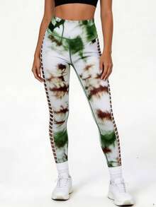 High Performance Tie Dye Leggings With Lace - For Yoga And Workout - Green - View 3