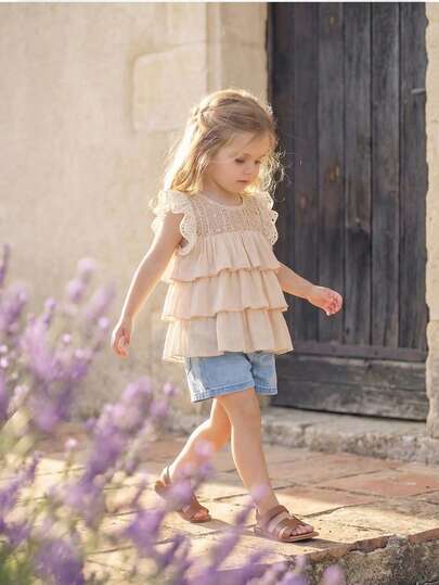 SHEIN Babygirl Cute Apricot Versatile Ruffle Lace Trim Flutter Sleeve Blouse Baby Girl Vintage Style Top Baby Girl Summer Top Toddler Girl Lace Ruffle Top Apricot Baby Girl Top