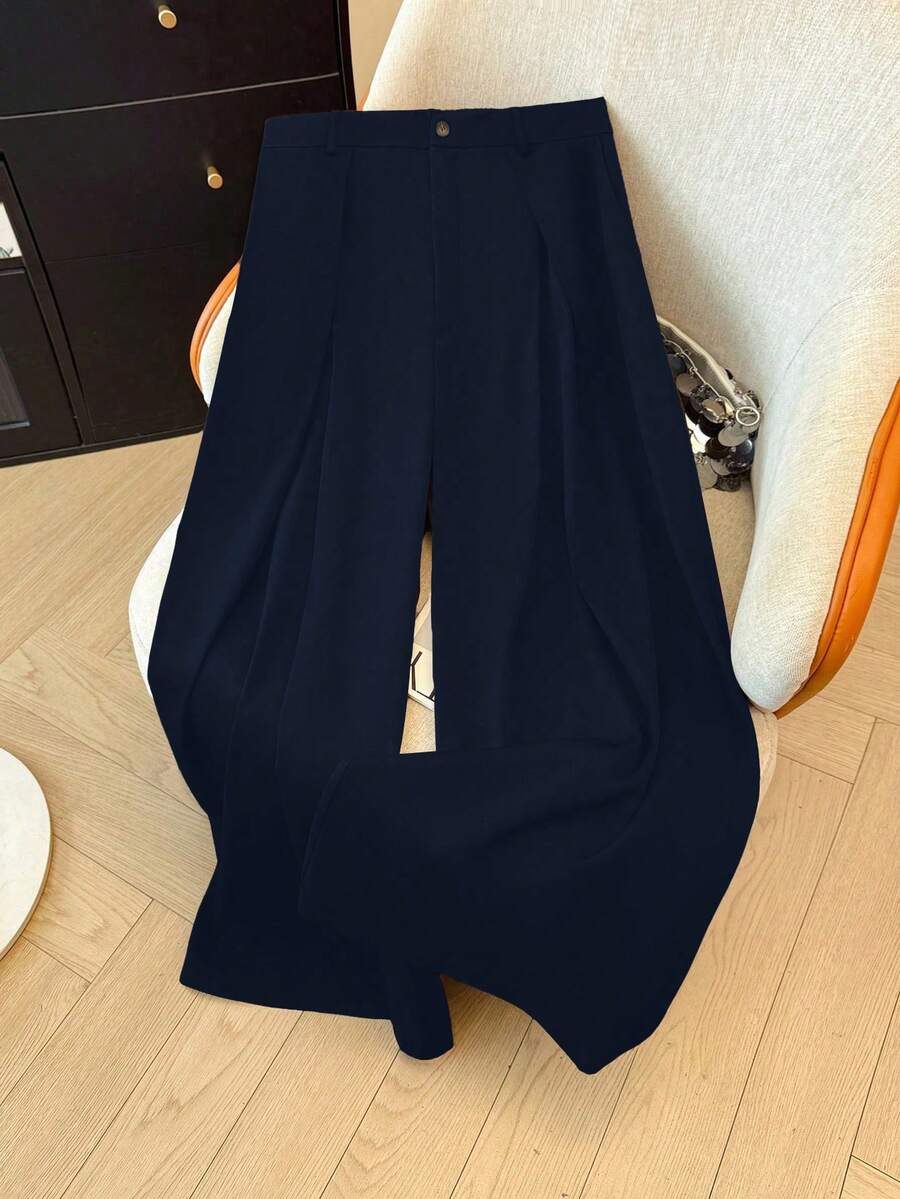 GlowEve CURVE Plus Size Women's Solid Color Pleated Wide Leg Loose Casual Pants - Navy Blue - View 1