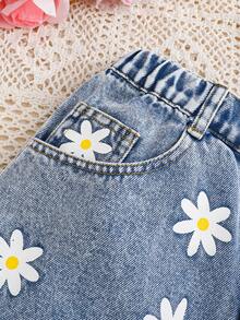 Quần short denim thời trang cho bé gái tuổi teen, hàng mới về mùa hè nhẹ nhàng, màu xanh nhạt, phong cách đường phố thường ngày, thiết kế dành cho kỳ nghỉ, kiểu dáng cơ bản đơn giản 5 túi, eo chun, gấu quần xắn, in họa tiết hoa cúc, dáng rộng không co giãn, chất liệu cotton mềm mại, thích hợp mặc hàng ngày, dự tiệc, đi học, đi làm, bộ sưu tập mới Xuân/Hè 2026. - Rửa trung bình - Xem 5
