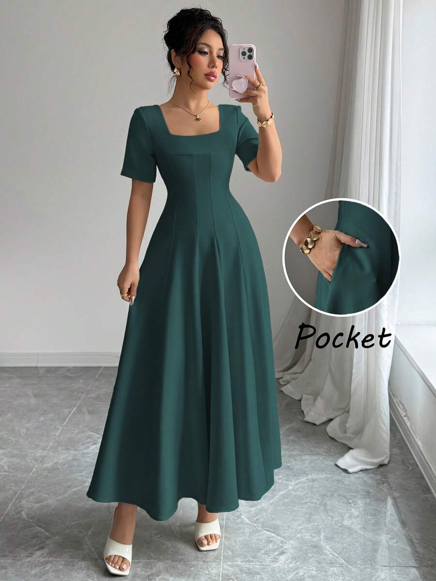 Elenzga 女士春夏法式优雅简约通勤/办公/商务休闲/度假下午茶连衣裙,可定制腰部收紧设计,前中缝细节,A字裙摆,侧边口袋,短袖。女士夏季连衣裙,女士正装,高品质连衣裙,女士连衣裙,优雅经典款。 - 墨綠色 - 查看 1
