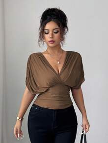 Elenzga Women's Spring/Summer Mesh Elastic Knit Lining Elegant Vacation Beach Outfit, Commute Casual French Romantic Crossover Shirred, Gathered Shoulder Sleeve, Waist Ruched, Adjustable Hem Ruffle T-Shirt Top - Brown - View 5