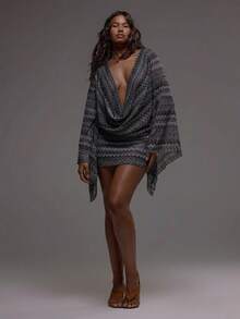 MUSERA Extreme Cowl Front Long Sleeve Textured Patterned Crochet Striped Mini Dress Boho Festival Holiday Beachwear Summer Vacation Cute Elegant Ibiza - Multicolor - View 3