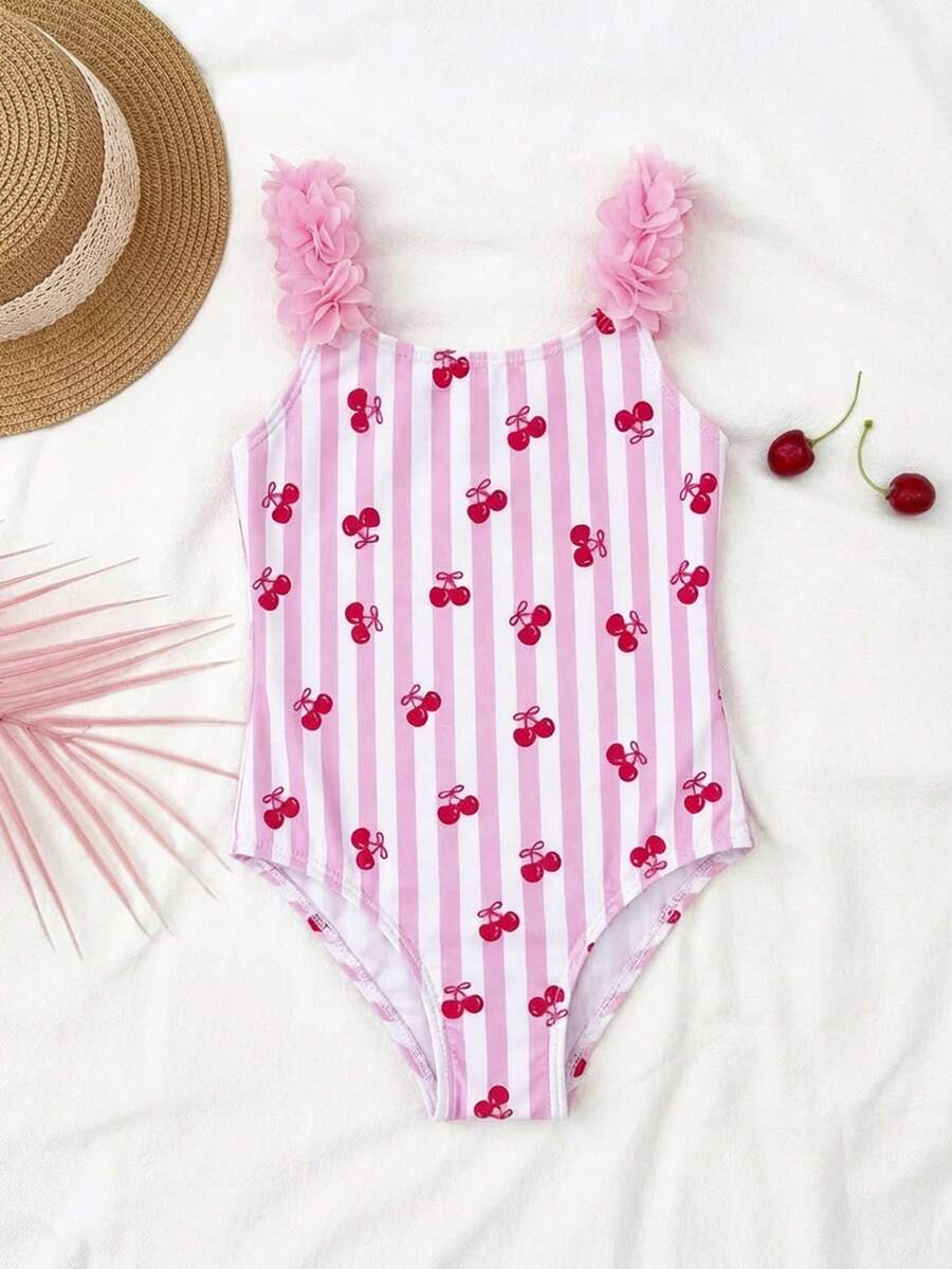SHEIN 女童条纹蝴蝶结碎花连体泳衣,女童泳装,儿童夏季连衣裙,女童夏季服装,幼儿泳衣,儿童沙滩裙 - 淺粉色 - 查看 1