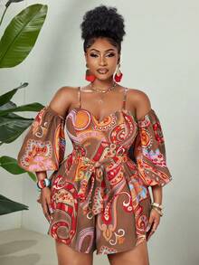 Maweii Plus Size Digital Print Elegant Off-Shoulder Backless Jumpsuit - Brown - View 5
