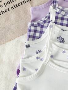 SHEIN 5件套女婴夏季碎花格子图案针织无袖连体衣 - 彩色 - 查看 5