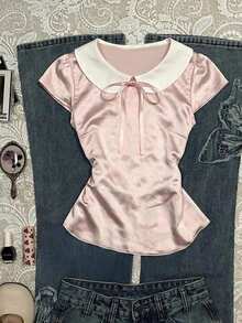 SHEIN Áo thun nữ cổ Peter Pan, tay ngắn, phối nhiều mảnh vải, thắt nơ phía trước. - Hồng - Xem 1