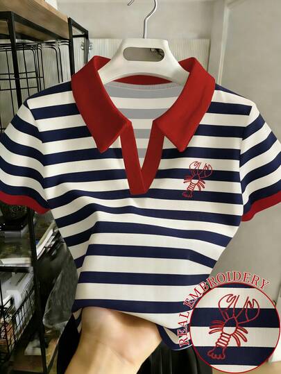 Resyla 女士夏季休闲条纹 Polo 领短袖 T 恤 / 龙虾刺绣