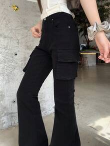 DAZY Women's Street Fashion Utility Pocket Flare Leg Jeans - Black - View 3